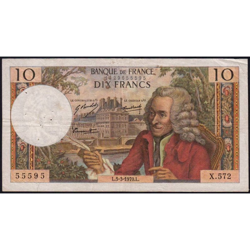 F 62-43 - 05/03/1970 - 10 francs - Voltaire - Série X.572 - Etat : TB+