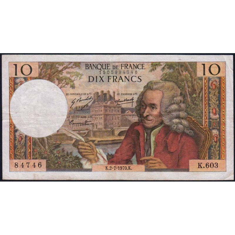 F 62-45 - 02/07/1970 - 10 francs - Voltaire - Série K.603 - Etat : TB+