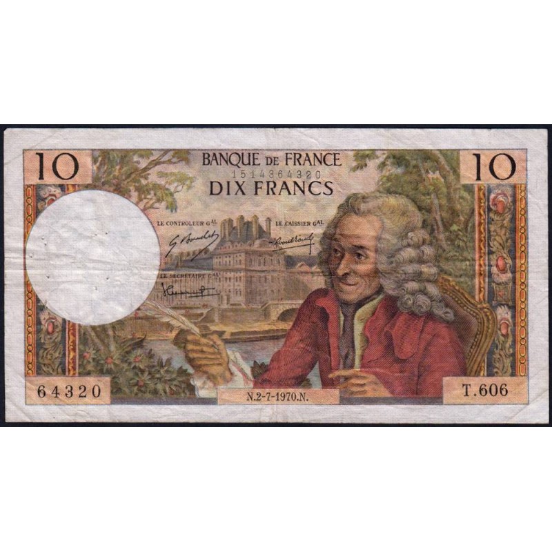 F 62-45 - 02/07/1970 - 10 francs - Voltaire - Série T.606 - Etat : TB