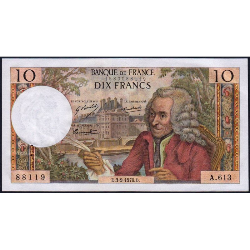 F 62-46 - 03/09/1970 - 10 francs - Voltaire - Série A.613 - Etat : SUP+