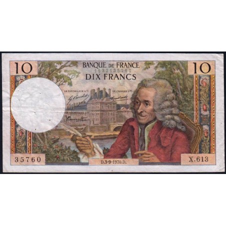 F 62-46 - 03/09/1970 - 10 francs - Voltaire - Série X.613 - Etat : TB