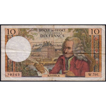 F 62-51 - 02/09/1971 - 10 francs - Voltaire - Série W.701 - Remplacement - Etat : TB