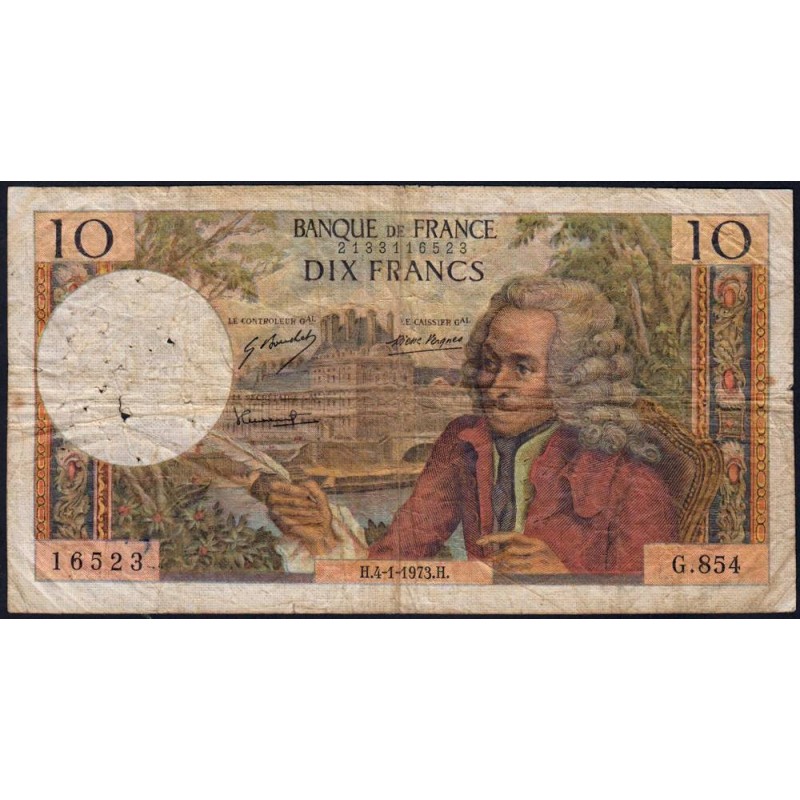 F 62-60 - 04/01/1973 - 10 francs - Voltaire - Série G.854 - Etat : B+