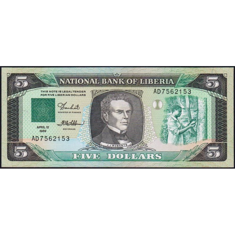 Libéria - Pick 19 - 5 dollars - Série AD - 12/04/1989 - Etat : NEUF