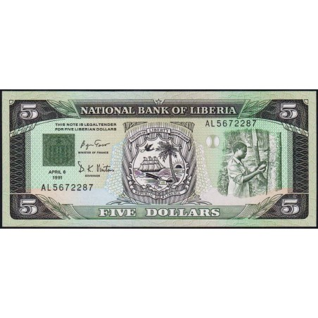 Libéria - Pick 20 - 5 dollars - Série AL - 06/04/1991 - Etat : NEUF