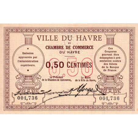 Le Havre - Pirot 68-1 variété - 50 centimes - Sans date - Etat : SUP