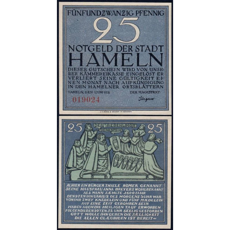 Allemagne - Notgeld - Hameln - 25 pfennig - 01/06/1921 - Etat : NEUF