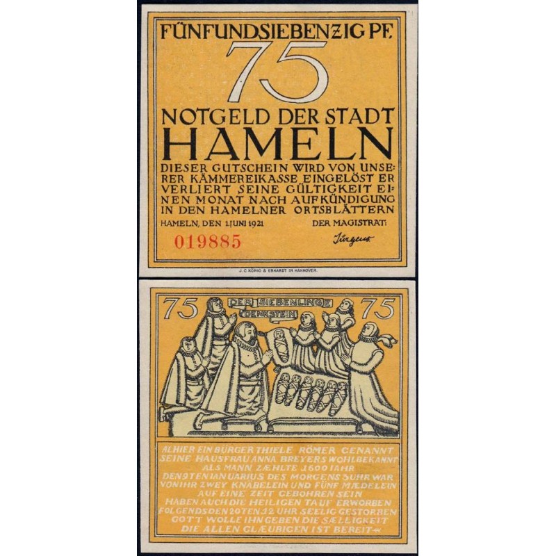 Allemagne - Notgeld - Hameln - 75 pfennig - 01/06/1921 - Etat : NEUF