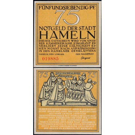 Allemagne - Notgeld - Hameln - 75 pfennig - 01/06/1921 - Etat : NEUF