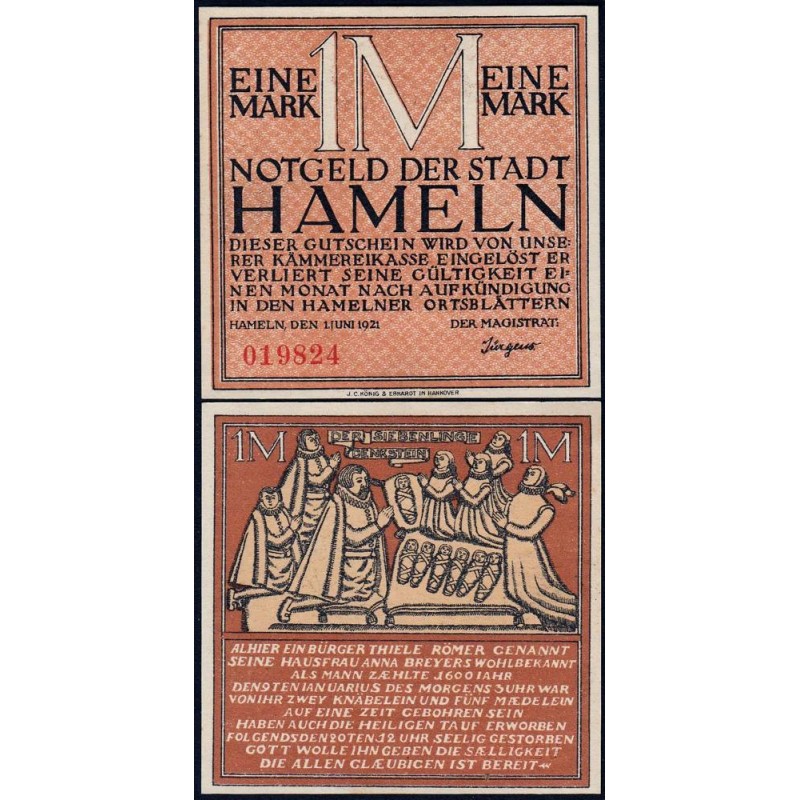 Allemagne - Notgeld - Hameln - 1 mark - 01/06/1921 - Etat : NEUF