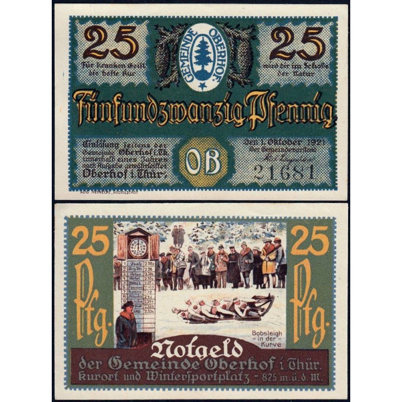 Allemagne - Notgeld - Oberhof - 25 pfennig - 01/10/1921 - Lettres OB - Etat : NEUF