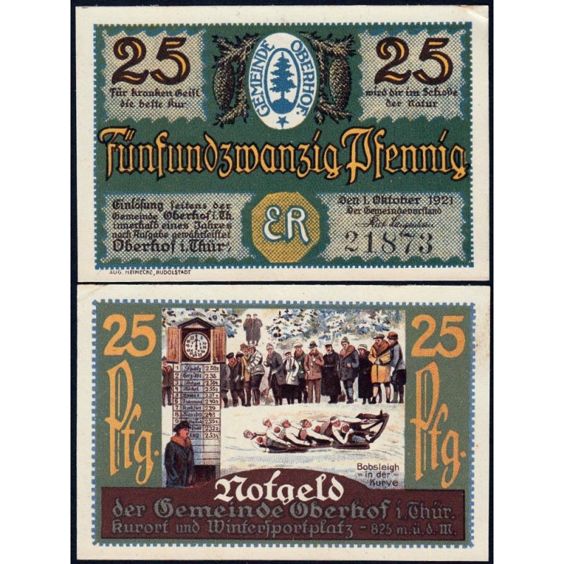 Allemagne - Notgeld - Oberhof - 25 pfennig - 01/10/1921 - Lettres ER - Etat : SPL