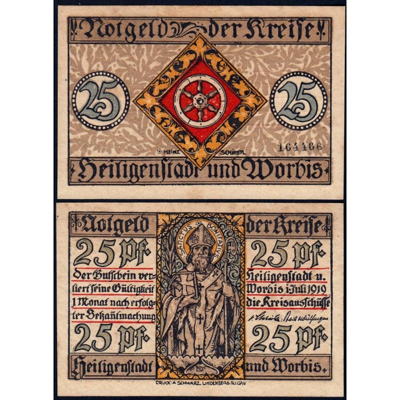Allemagne - Notgeld - Heiligenstadt und Worbis - 25 pfennig - 01/07/1919 - Etat : SPL