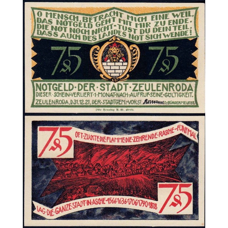 Allemagne - Notgeld - Zeulenroda - 75 pfennig - 01/11/1921 - Etat : NEUF