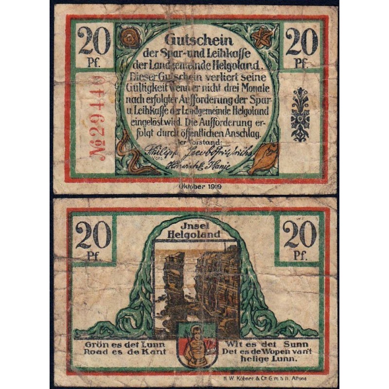 Allemagne - Notgeld - Helgoland - 20 pfennig - 10/1919 - Etat : B