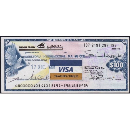 Koweït - Chèque Voyage - Gulf Bank - 100 dollars - 1991 - Etat : SUP