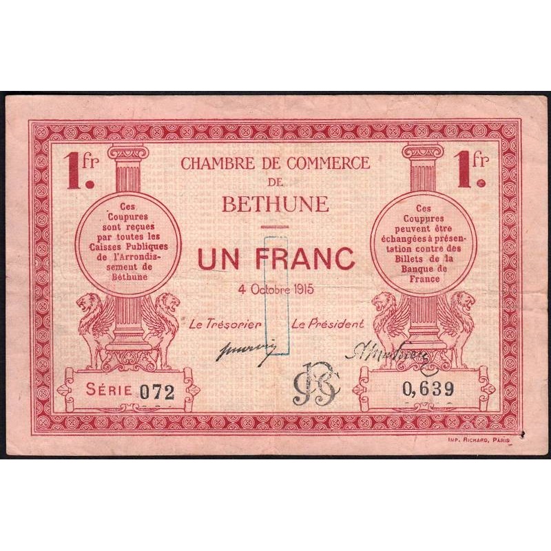Béthune - Pirot 26-6 - 1 franc - Série 072 - 04/10/1915 - Etat : TB+
