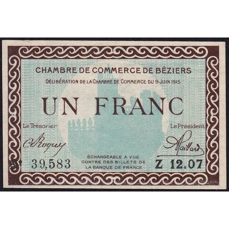 Béziers - Pirot 27-10 - 1 franc - Série Z 12.07 - 09/06/1915 - Etat : pr.NEUF