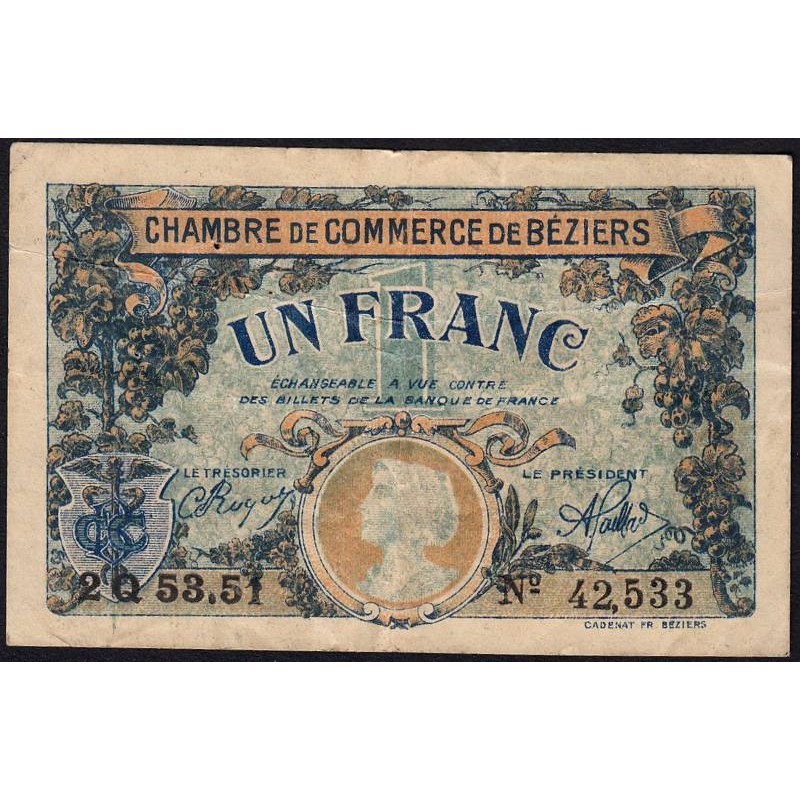 Béziers - Pirot 27-34 - 1 franc - Série 2Q 53.51 - 14/03/1922 - Etat : TB+