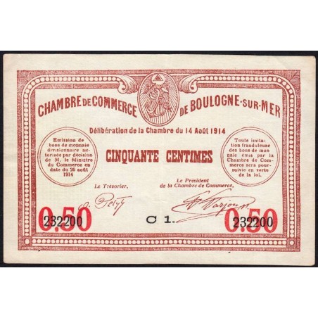 Boulogne-sur-Mer - Pirot 31-14 - Série C1 - 50 centimes - 14/08/1914 - Etat : SUP