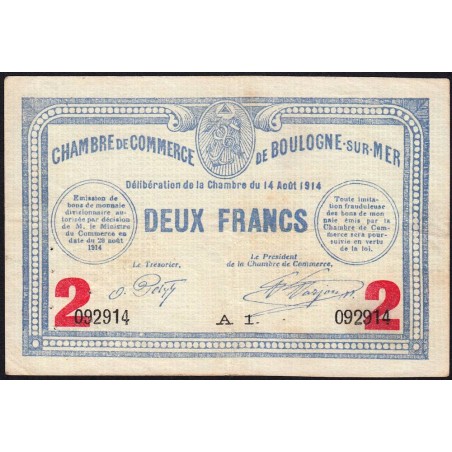 Boulogne-sur-Mer - Pirot 31-16 - Série A1 - 2 francs - 14/08/1914 - Etat : TTB