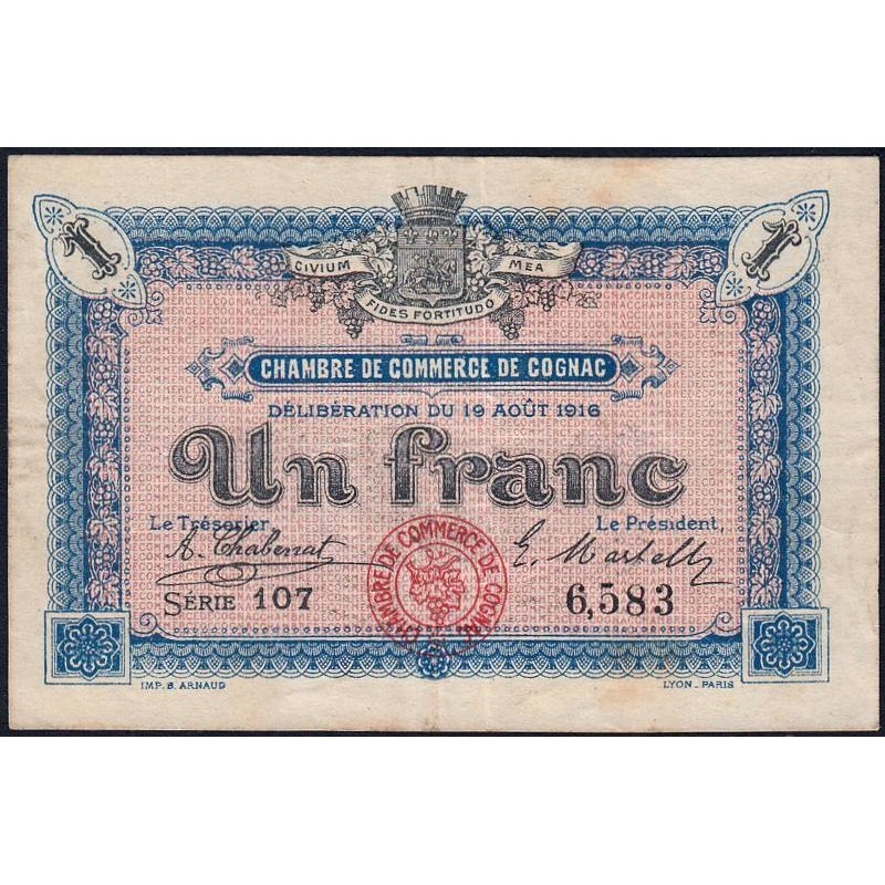 Cognac - Pirot 49-3 - 1 franc - Série 107 - 19/08/1916 - Etat : TB+