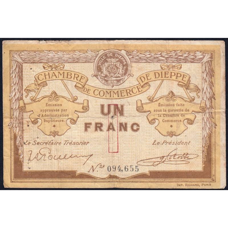 Dieppe - Pirot 52-4b - 1 franc - Sans date (1915) - Etat : TB-