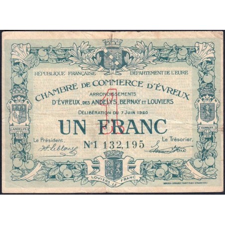 Evreux (Eure) - Pirot 57-17 - 1 franc- Chiffre 1 - 07/06/1920 - Etat : TB