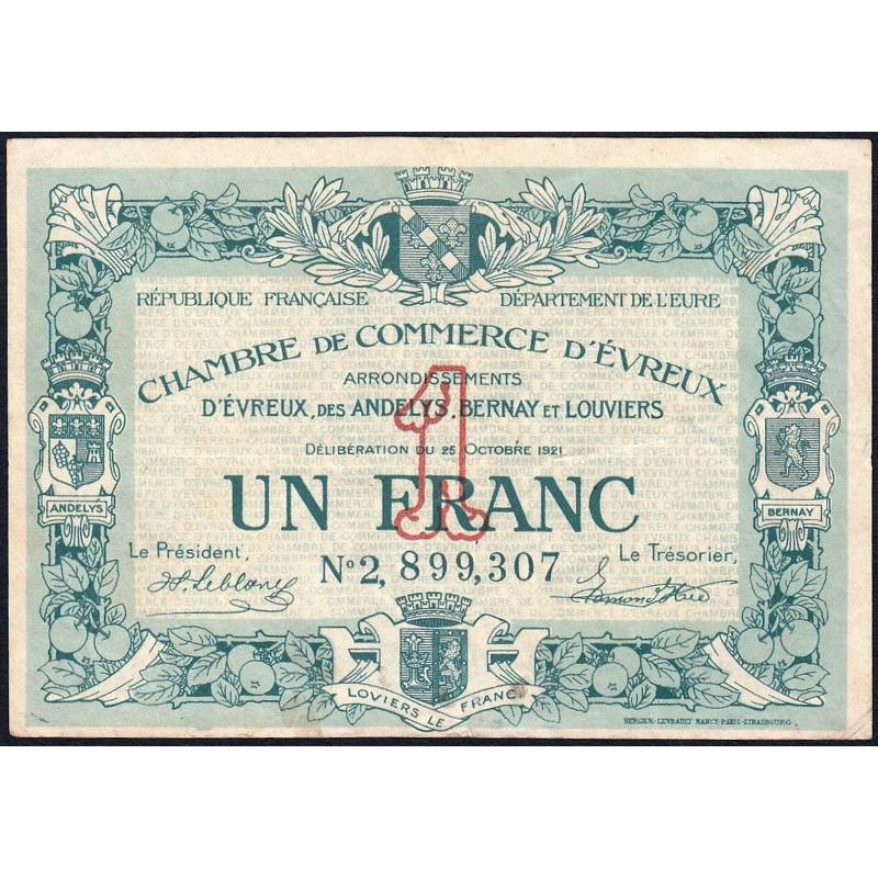 Evreux (Eure) - Pirot 57-20 - 1 franc- Chiffre 2 - 25/10/1921 - Etat : TTB