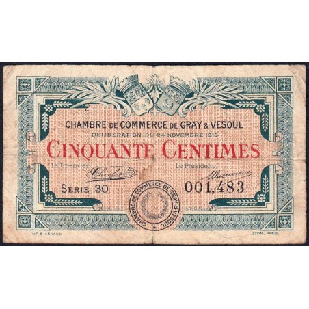 Gray & Vesoul - Pirot 62-11 - 50 centimes - Série 30 - 1919 - Etat : TB-