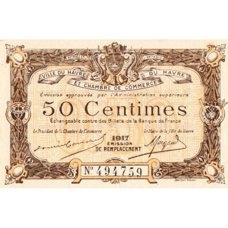 Le Havre - Pirot 68-17b - 50 centimes - 1917 - Etat : SPL+