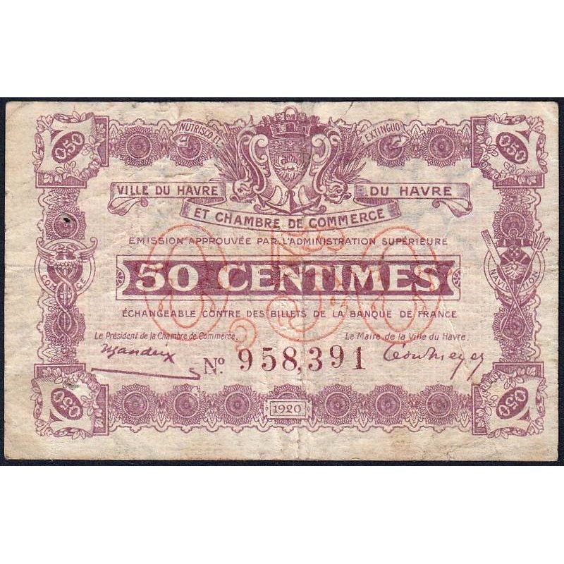 Le Havre - Pirot 68-26 - 50 centimes- 18/08/1920 - Etat : TB