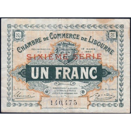 Libourne - Pirot 72-30 - 1 franc - Sixième série - 12/03/1920 - Etat : TB+