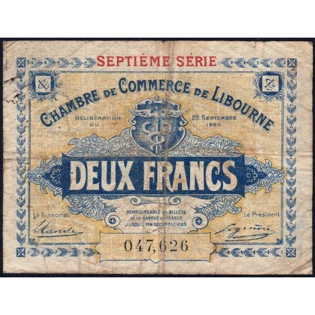 Libourne - Pirot 72-34 - 2 francs - Septième série - 23/09/1920 - Etat : B+