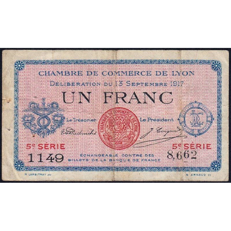 Lyon - Pirot 77-15 - 1 franc - 5e série 1149 - 13/09/1917 - Etat : TB+