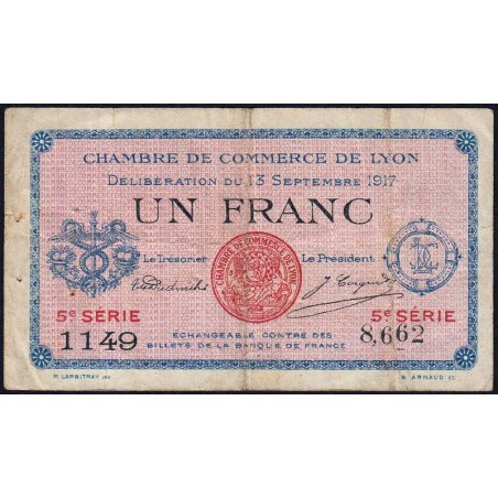 Lyon - Pirot 77-15 - 1 franc - 5e série 1149 - 13/09/1917 - Etat : TB+