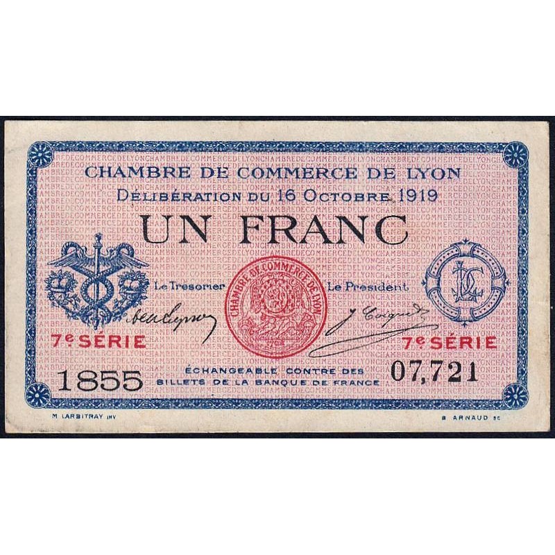 Lyon - Pirot 77-19 - 1 franc - 7e série 1855 - 16/10/1919 - Etat : SUP