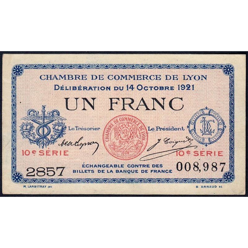 Lyon - Pirot 77-25 - 1 franc - 10e série 2857 - 14/10/1921 - Etat : SUP