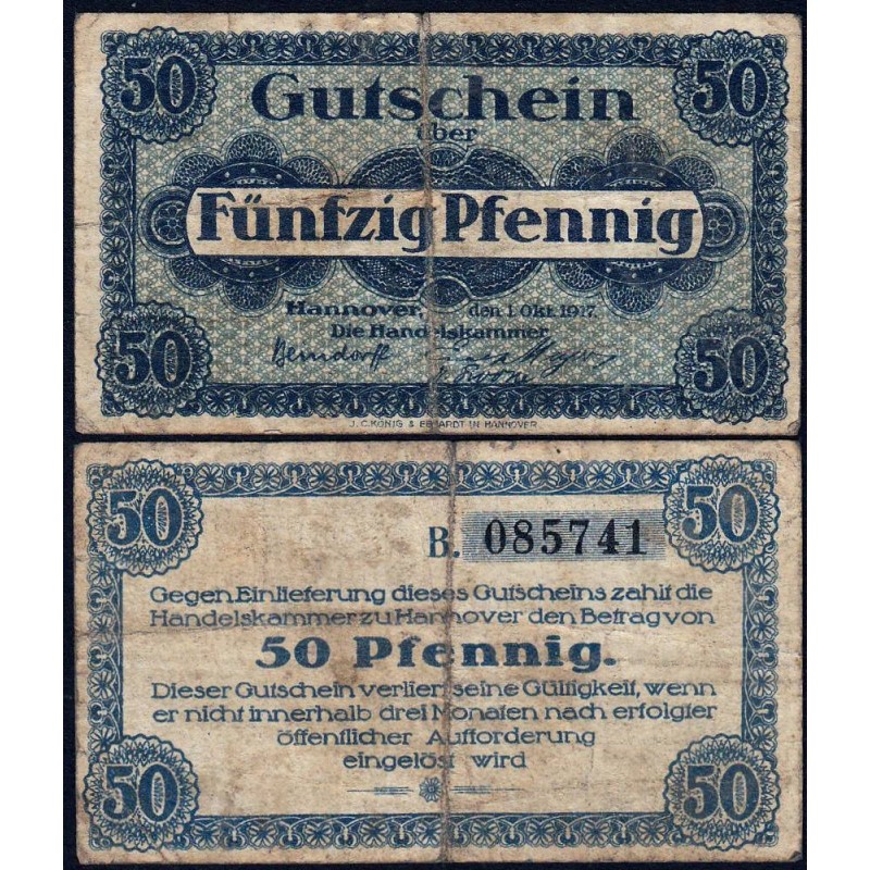 Allemagne - Notgeld - Hannover (Ch. de Comm.) - 50 pfennig - Série B - 01/10/1917 - Etat : TB-