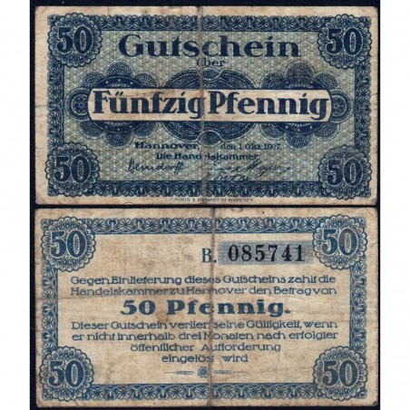 Allemagne - Notgeld - Hannover (Ch. de Comm.) - 50 pfennig - Série B - 01/10/1917 - Etat : TB-