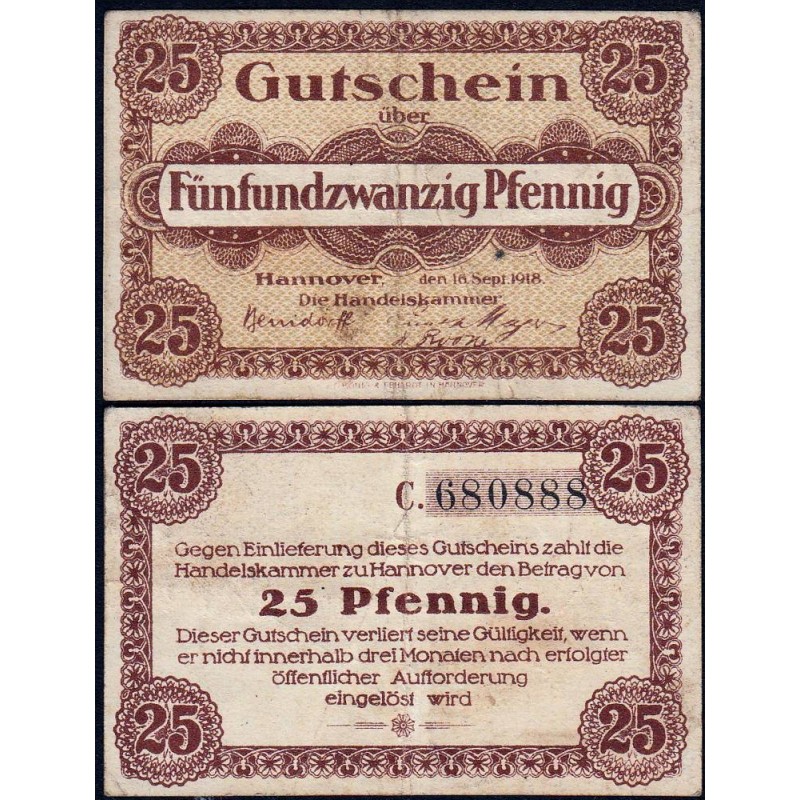 Allemagne - Notgeld - Hannover (Chambre de Comm.) - 25 pfennig - Série C - 16/09/1918 - Etat : TTB