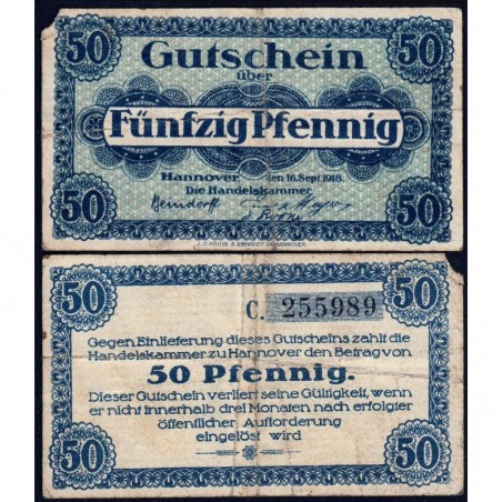 Allemagne - Notgeld - Hannover (Ch. de Comm.) - 50 pfennig - Série C - 16/09/1918 - Etat : TB-