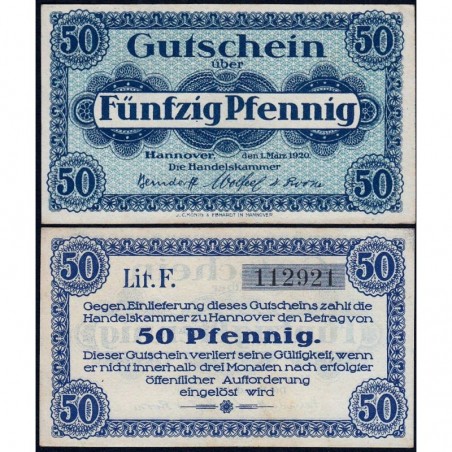Allemagne - Notgeld - Hannover (Ch. de Comm.) - 50 pfennig - Série F - 01/03/1920 - Etat : SPL+