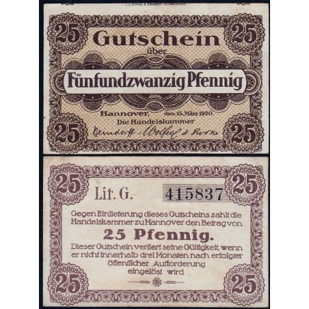 Allemagne - Notgeld - Hannover (Ch. de Comm.) - 25 pfennig - Série G - 15/03/1920 - Etat : SPL+