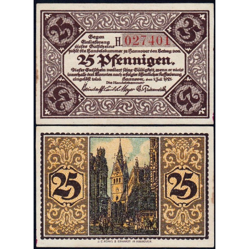 Allemagne - Notgeld - Hannover (Ch. de Comm.) - 25 pfennigen - Série H - 01/07/1921 - Etat : SPL+