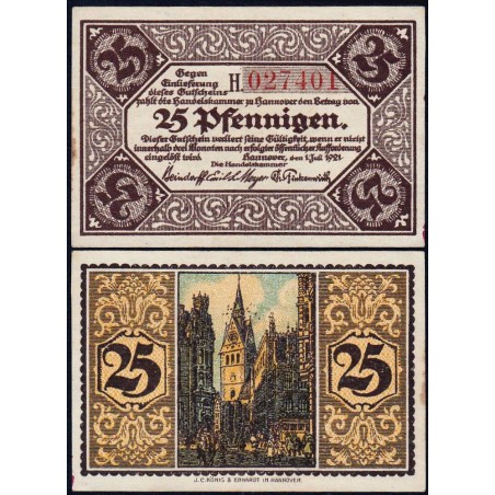 Allemagne - Notgeld - Hannover (Ch. de Comm.) - 25 pfennigen - Série H - 01/07/1921 - Etat : SPL+