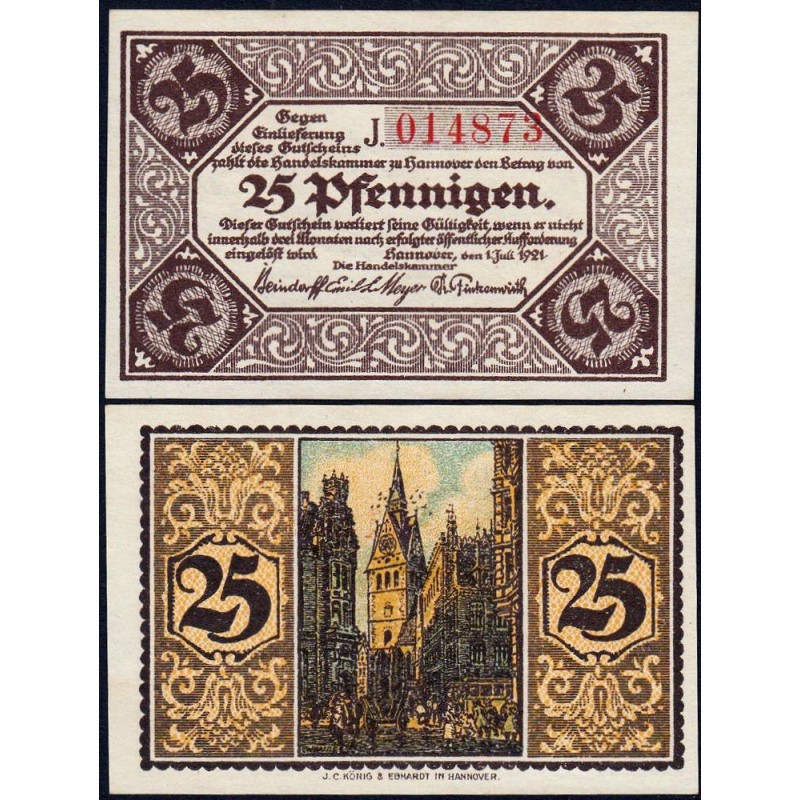 Allemagne - Notgeld - Hannover (Ch. de Comm.) - 25 pfennigen - Série J - 01/07/1921 - Etat : NEUF
