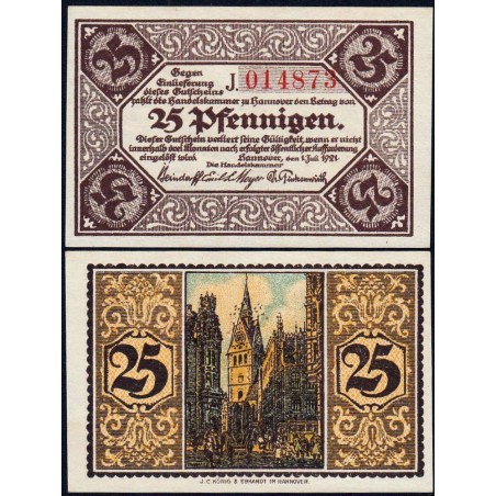 Allemagne - Notgeld - Hannover (Ch. de Comm.) - 25 pfennigen - Série J - 01/07/1921 - Etat : NEUF