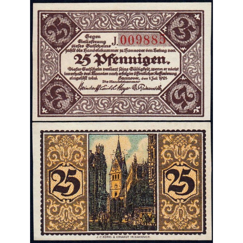 Allemagne - Notgeld - Hannover (Ch. de Comm.) - 25 pfennigen - Série J - 01/07/1921 - Etat : NEUF