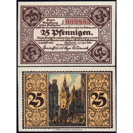 Allemagne - Notgeld - Hannover (Ch. de Comm.) - 25 pfennigen - Série J - 01/07/1921 - Etat : NEUF